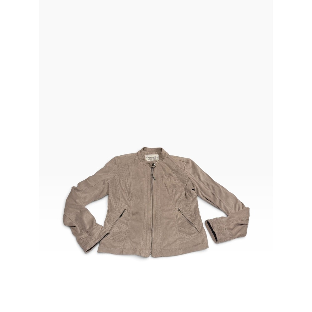 American Rag Cie Womens Faux Suede Moto Jacket Taupe Brown Perforated Small